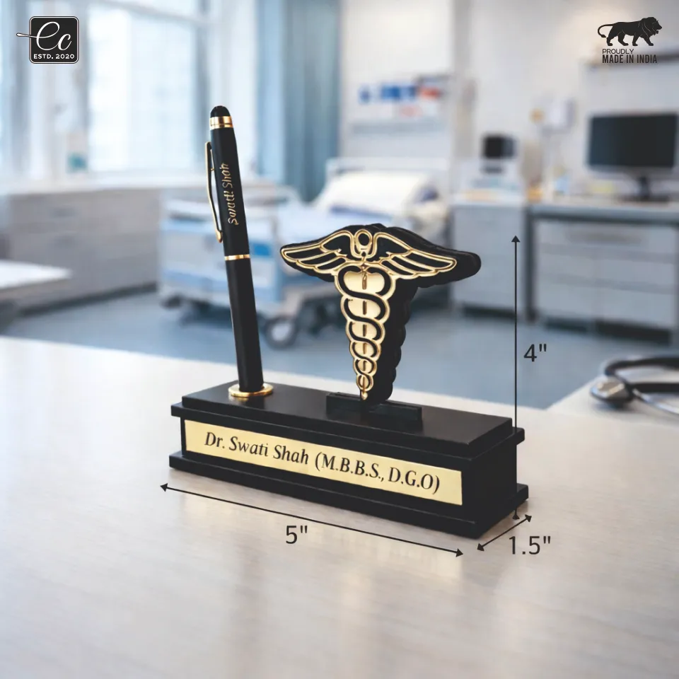 Premium Doctor Theme Desk Organizer with Name & Pen Holder – Black & Gold Finish